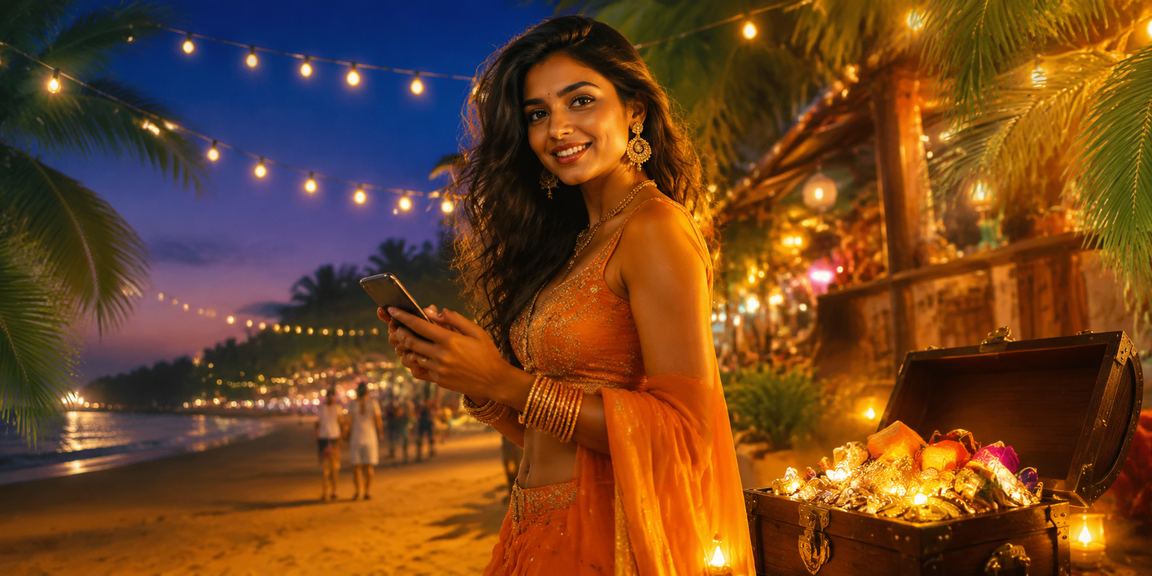 VIP player enjoying mobile casino gaming on beach in India