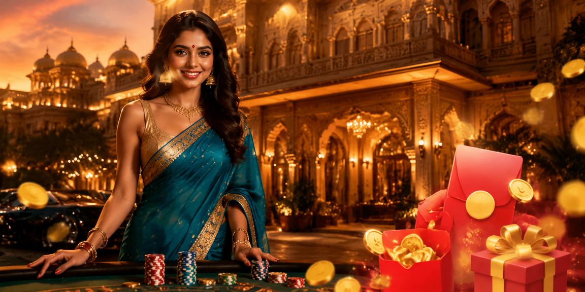 Indian woman happily registering on betting platform with red envelope