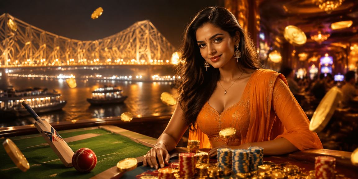 Kolkata night view with Howrah Bridge and cricket themed slot gaming