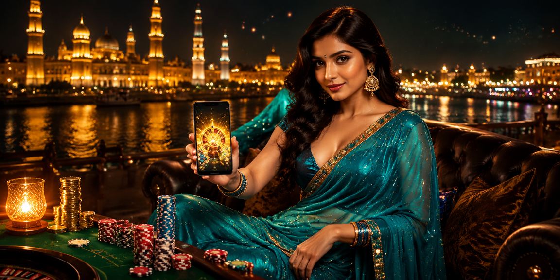 Lady in traditional saree playing lottery online via mobile in Lucknow