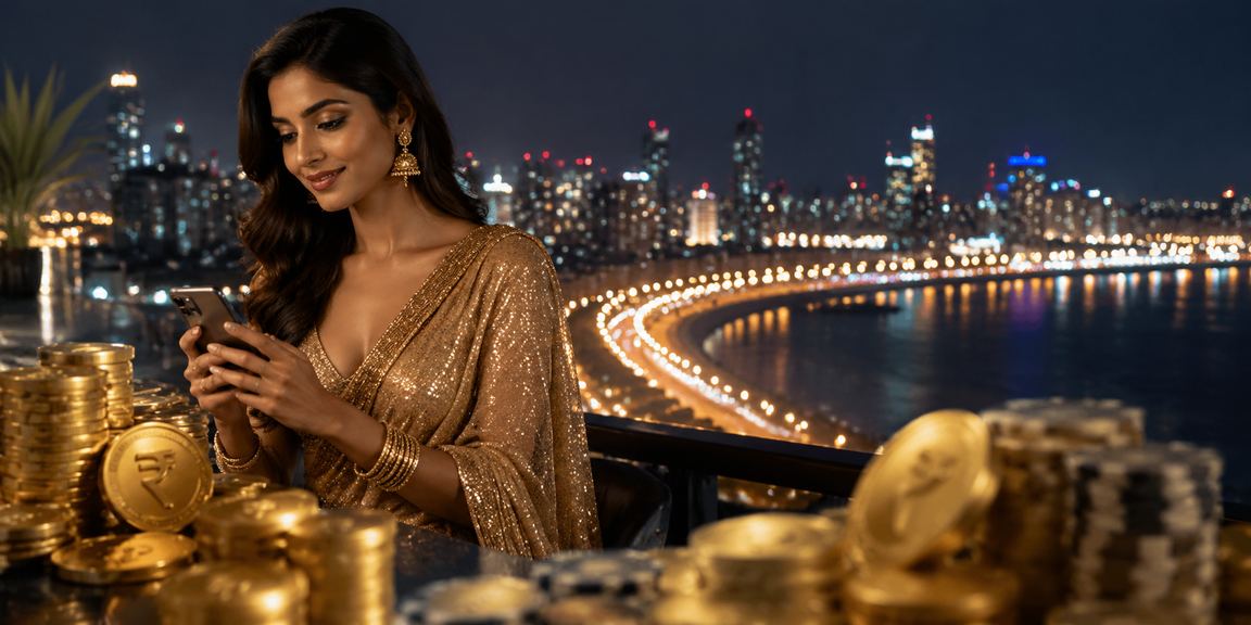Woman playing slots on smartphone at Mumbai’s Marine Drive with symbol of currency around